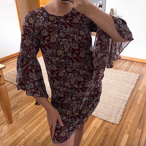 Jade by Johnny Was Maroon Floral Quarter Butterfly Sleeve Boho Mini Dress S NWT - Picture 1 of 10